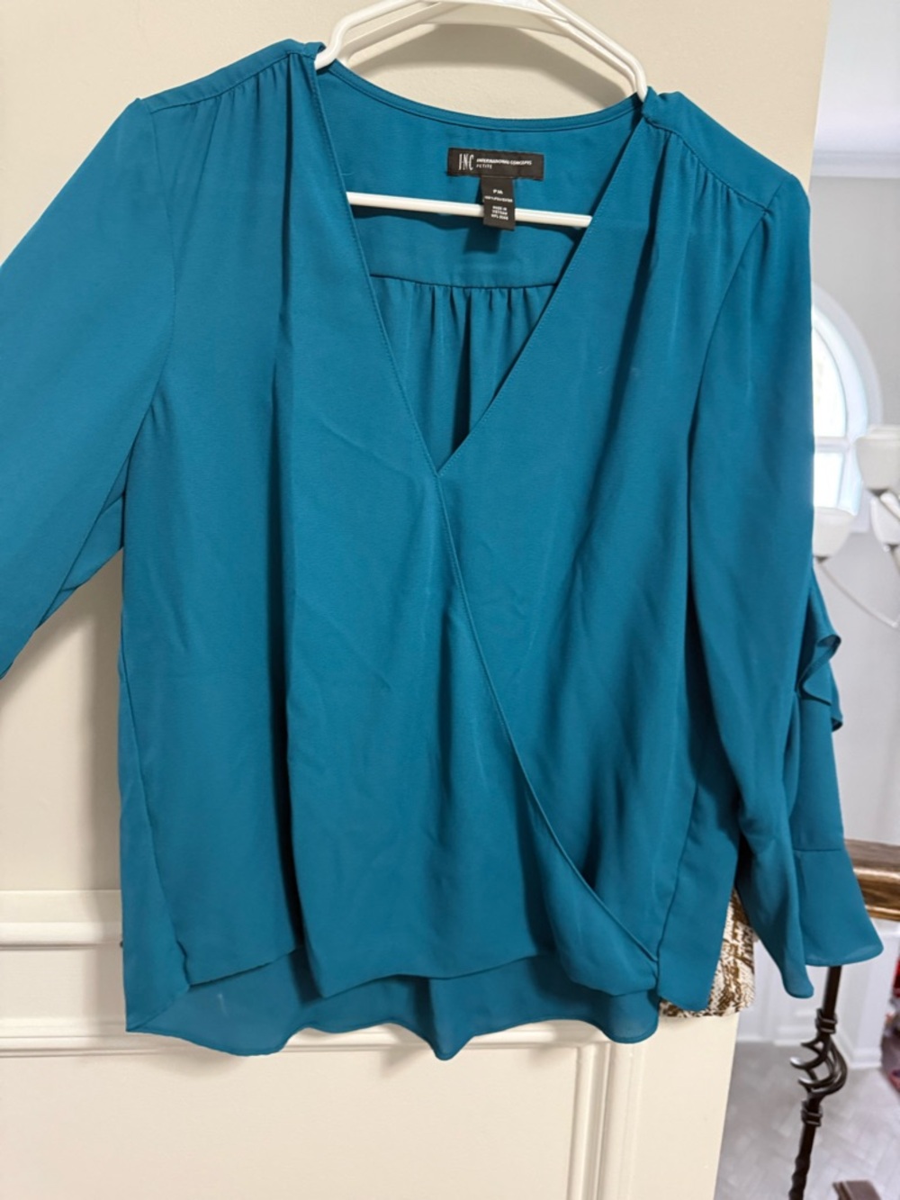 INC International Concepts Teal Surplice V-Neck Blouse